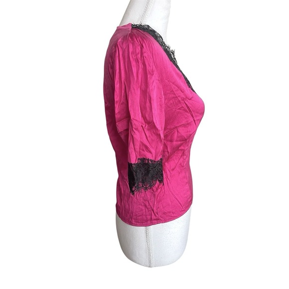 Vintage Moda International Y2k Pink Silk Stretch Lace Trim Babydoll Coquette Top - Picture 3 of 12
